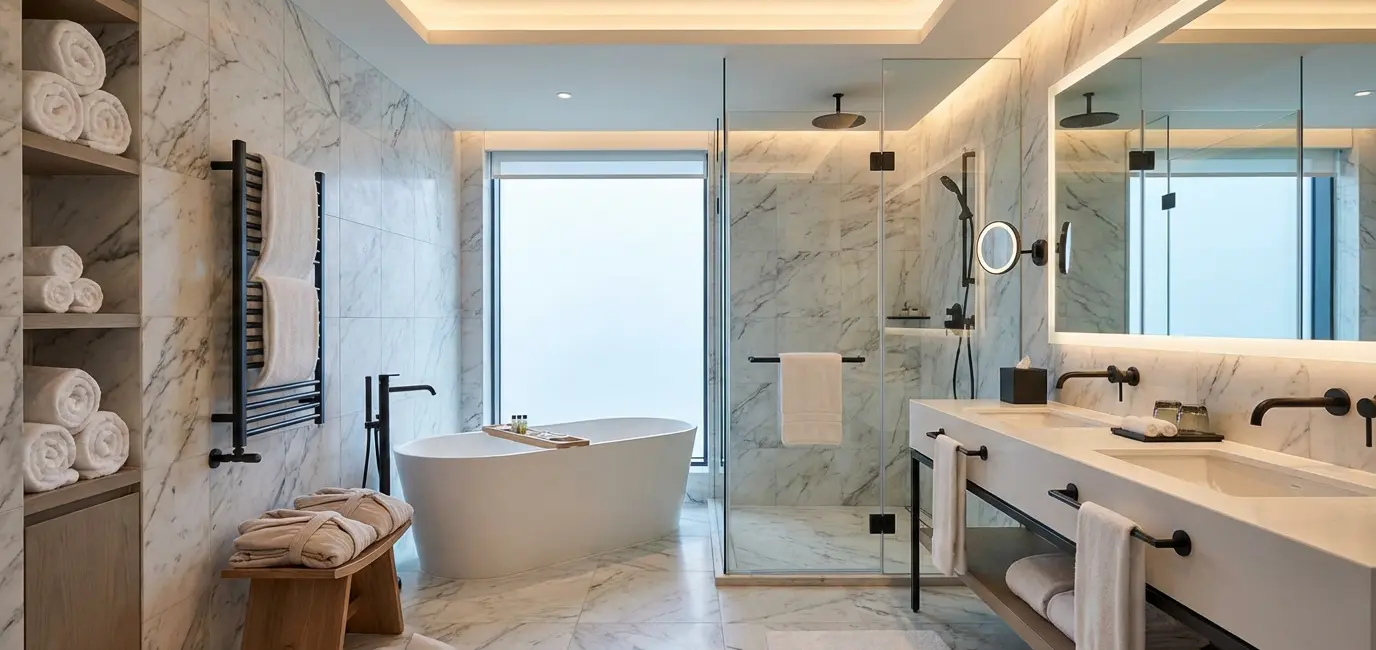 spa-inspired bathroom with upscale fixtures marble surfaces luxury home