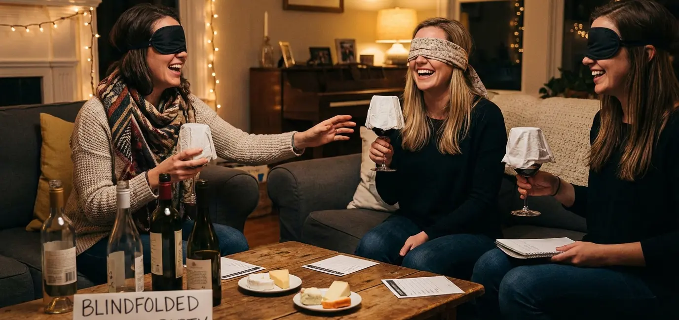 wine glasses covered blindfolded tasting party setup fun entertaining