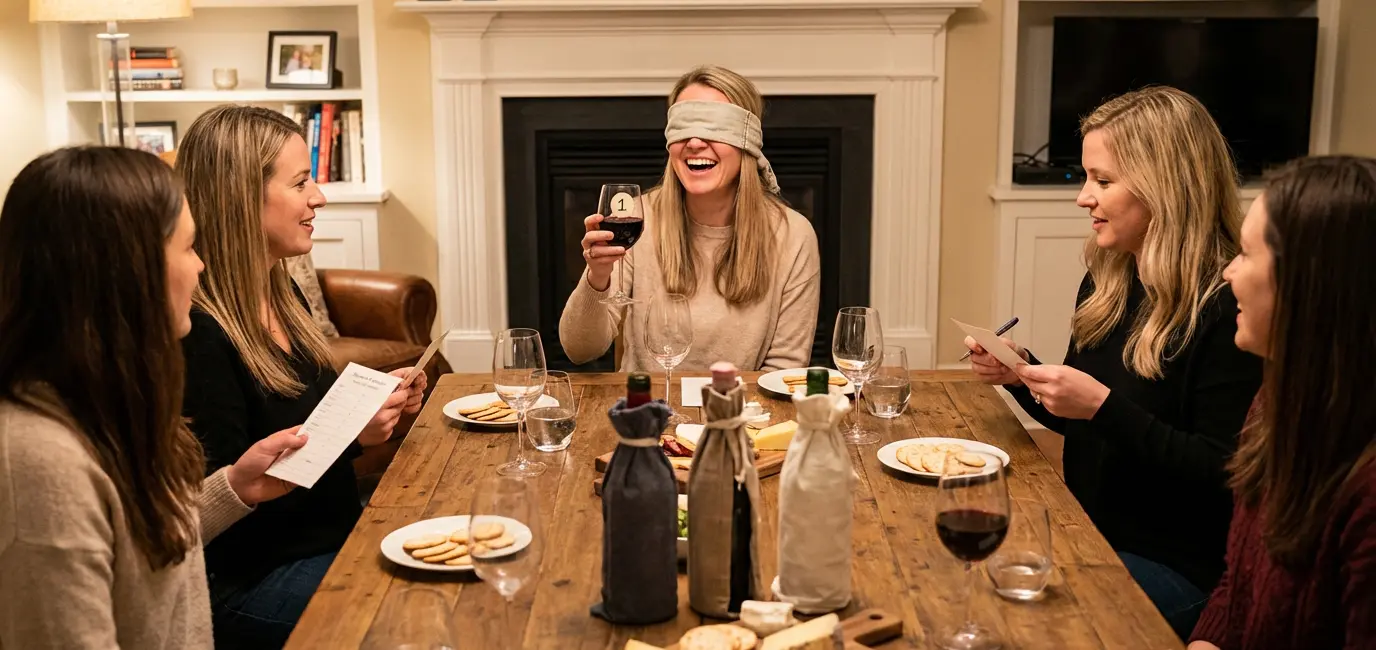 women friends holding wine glasses blind wine tasting game setup