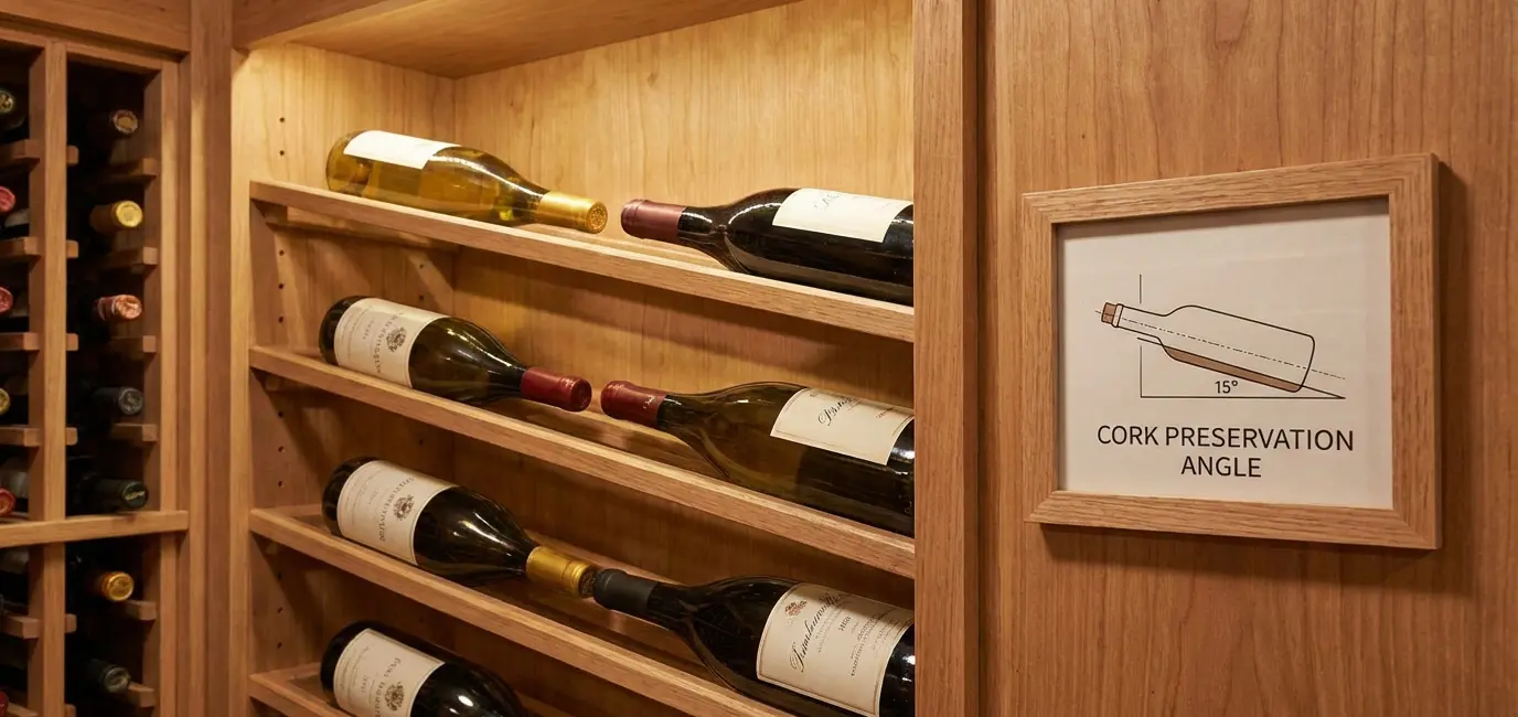 horizontal wine bottle storage angle positioning cork preservation