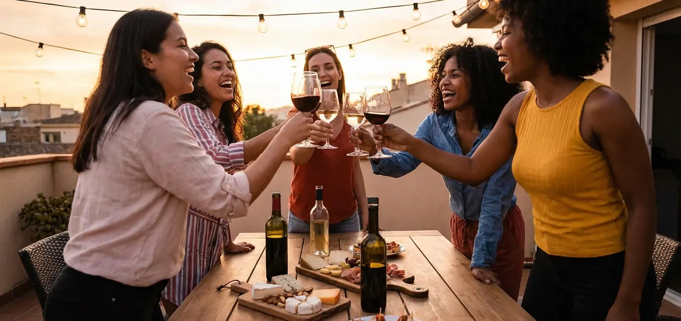 women friends cheering celebrating wine tasting party evening gathering