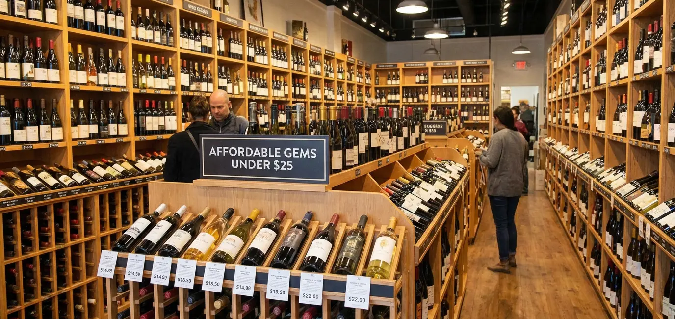 wine selection at wine shop tasting bottles under $25