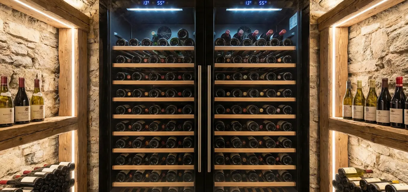 wine bottles stored horizontally in temperature controlled wine fridge cellar
