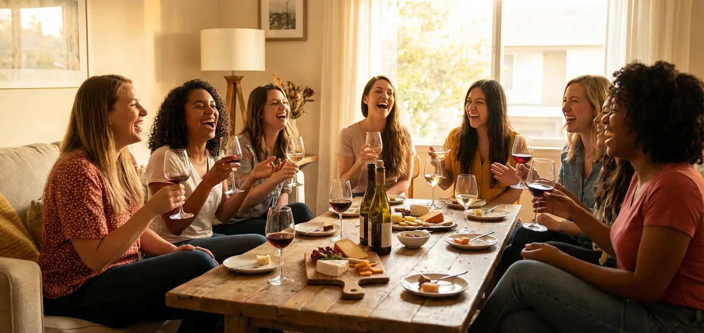 women laughing wine tasting party entertaining friends social gathering