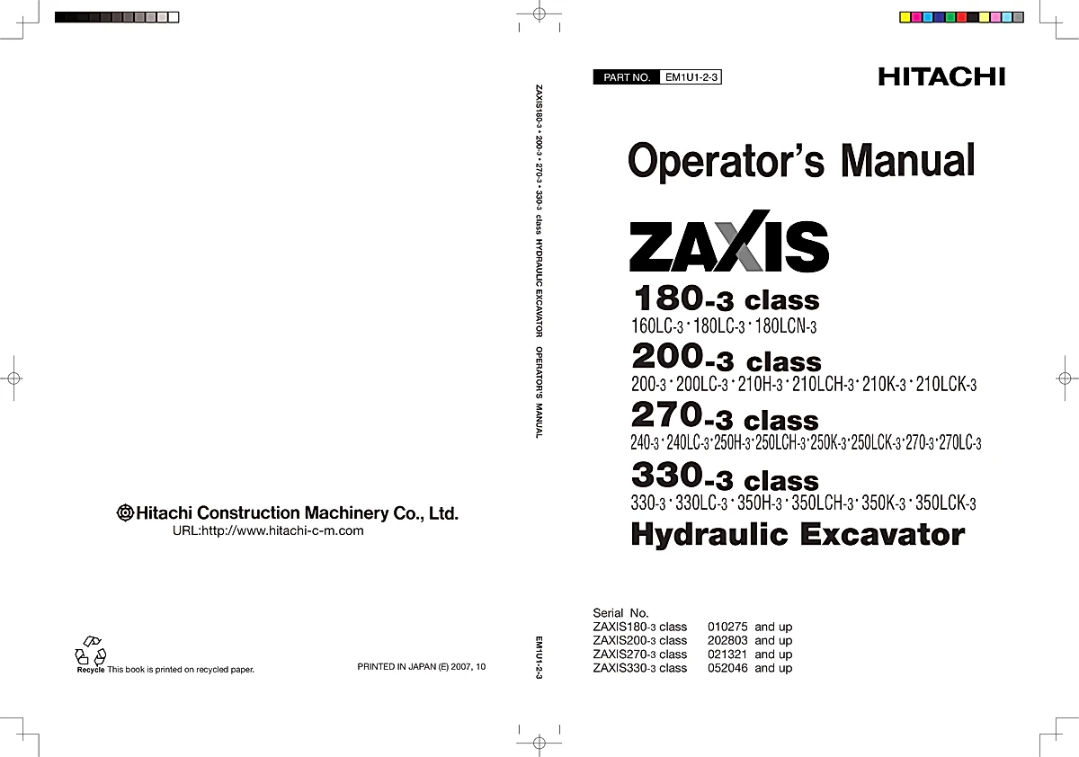 John Deere Excavators ZAXIS250H-3 Manual