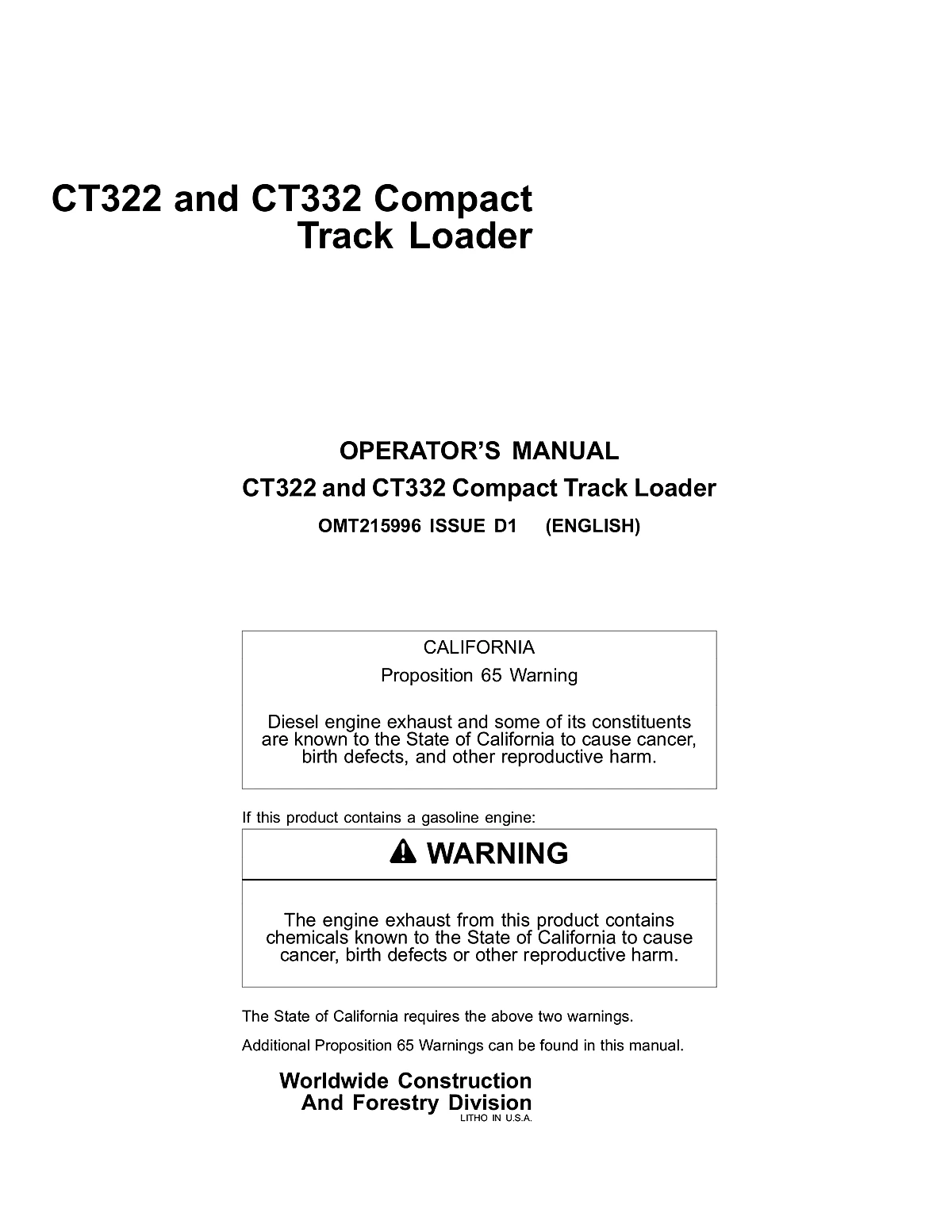 John Deere Skid Steers CT322 Manual