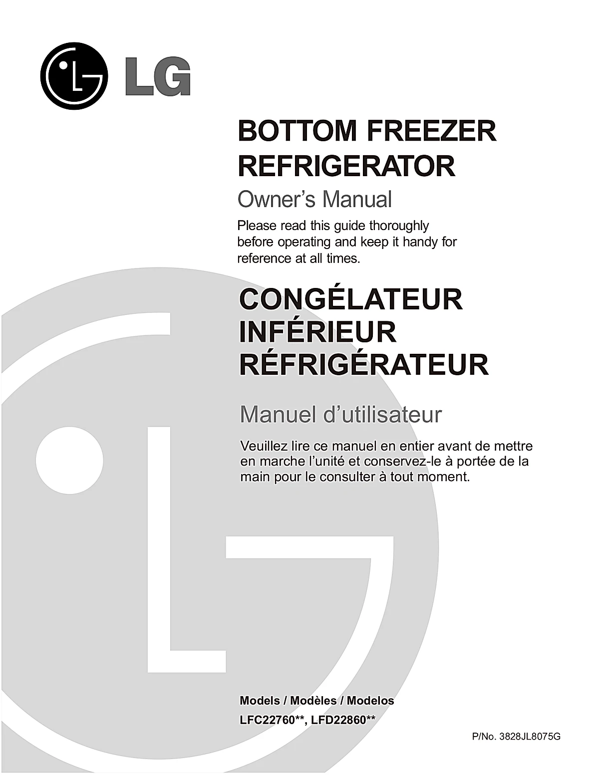 LG Refrigerator LFD22860SW Manual