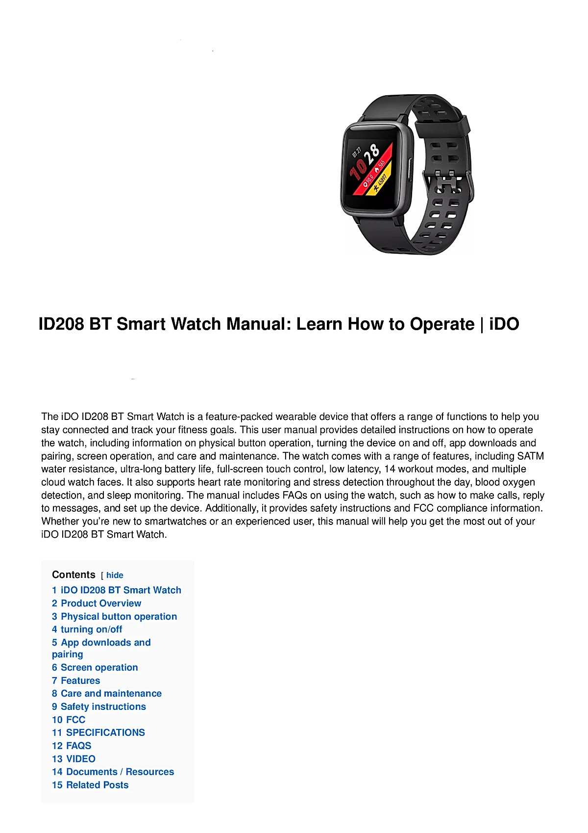 SKG Smart Watch ID208BT Manual