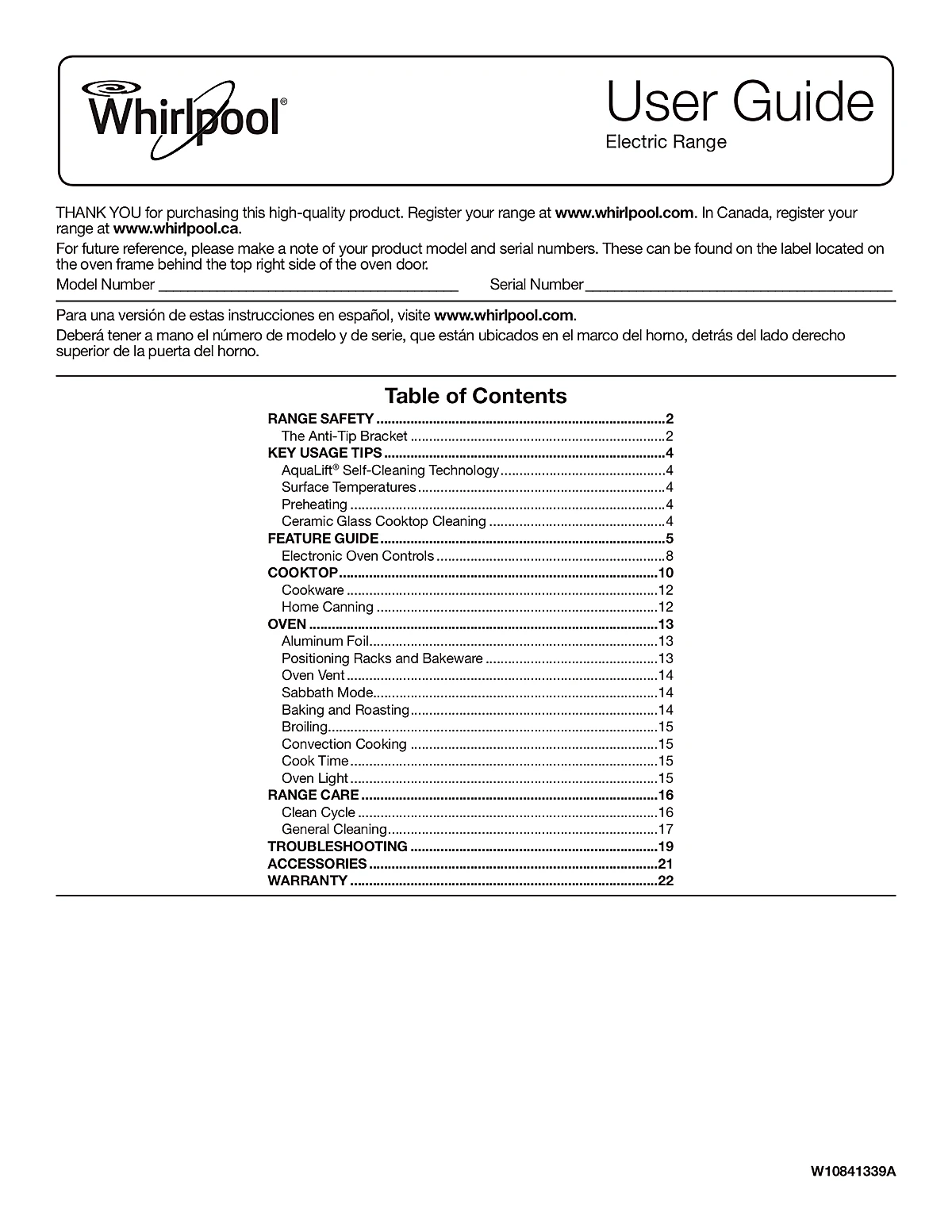 Whirlpool Range WEE745H0FH Manual