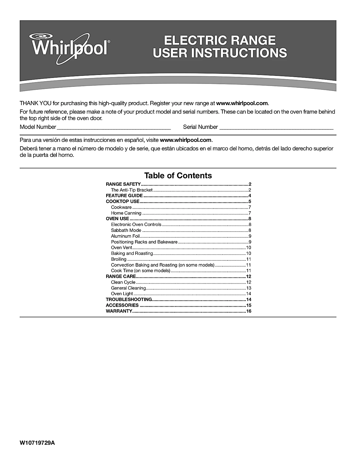 Whirlpool Range WFE540H0ES Manual