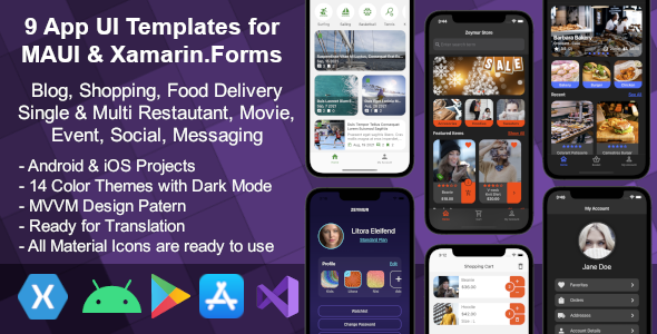 9 App UI Templates for MAUI .Net 8 and Xamarin: Shopping, Blog, Food Delivery, Movie, Event  more
