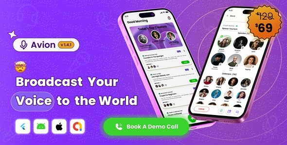 Avion Flutter Real‑Time Voice Chat, Group Audio Calls  Conferencing App with Social Media and Admob