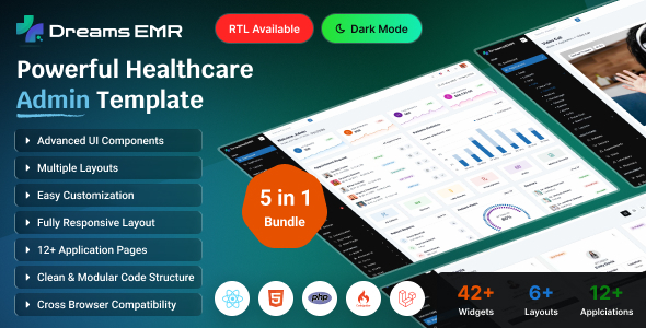 Dreams EMR – React, Angular, Vue, Laravel, CodeIgniter, PHP  HTML Medical  Healthcare Dashboard
