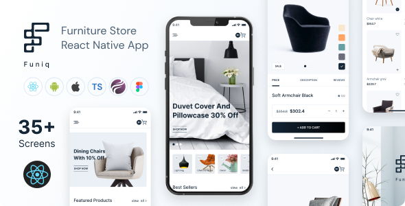 Funiq – Furniture Store React Native App | Expo SDK 49.0.8 | TypeScript | Redux Store | Admin Panel