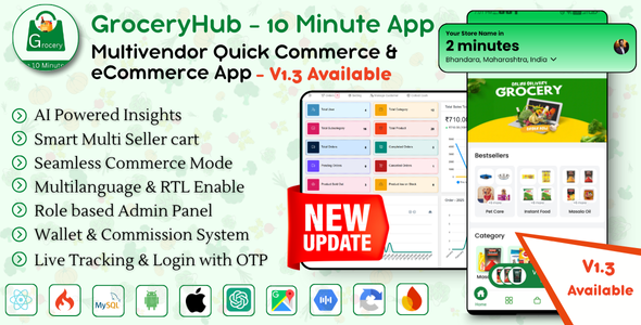 GroceryHub – 10 Minute App Multivendor Quick Commerce  eCommerce App | AI Insight | Multi Cart