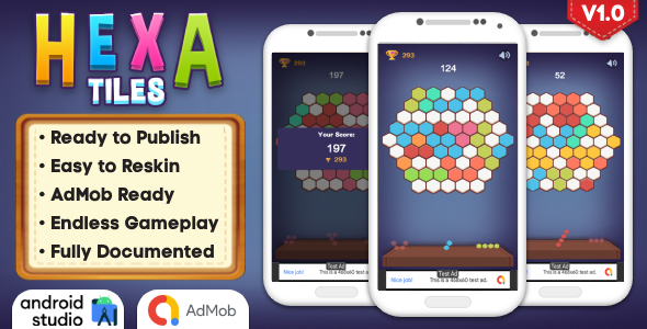 Hexa Tiles – Puzzle Game Android Studio Project with AdMob Ads + Ready to Publish