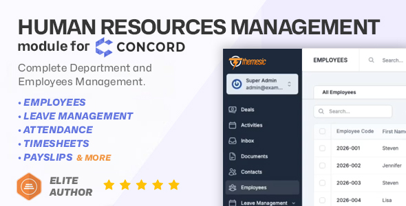 Human Resources Management for Concord CRM – HRM, Employees, Payroll, Leave, Attendance  Timesheets