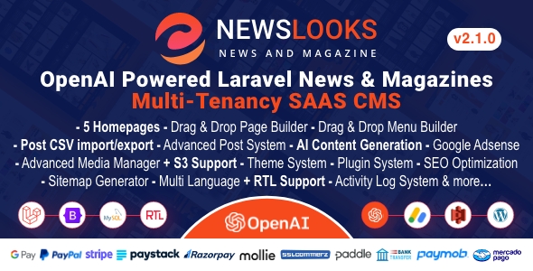 NewsLooks SAAS | OpenAI Powered News  Magazines Multi-Tenancy SAAS CMS [Extended License]