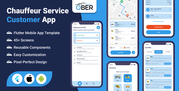 Ober – Chauffeur Service Customer App| Flutter Mobile App Template | Book Rides Ease and Comfort