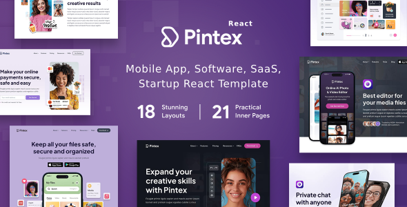 Pintex – Mobile App  Software Landing Page ReactJS Template