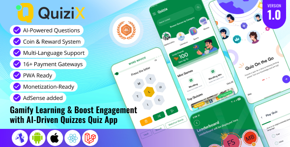 QuiziX – AI Quiz Trivia Game | React Native Mobile App (Requires QuiziX Platform)