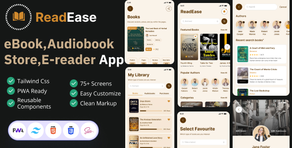 ReadEase – Ebook Store  Reader App UI Kit (Tailwind CSS + PWA)