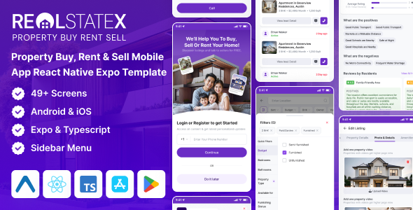 RealEstateX – Expo Property Buy, Rent  Sell Classified React Native Mobile App Template