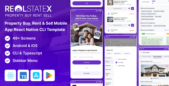 RealStateX – Property Buy, Rent  Sell Classified React Native Mobile App Template