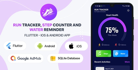 Run Tracker, Step Counter and Water Reminder – Flutter Android  iOS App (40 Languages)