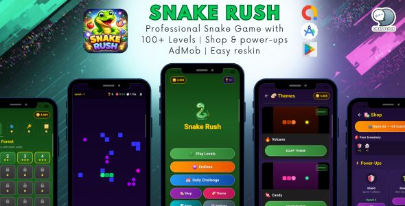 Snake Rush – Professional Snake Game with 100+ Levels | Shop  power-ups | AdMob | Easy reskin