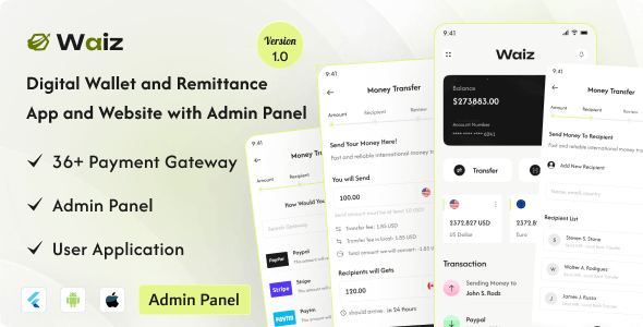 Waiz – Digital Wallet and Remittance App and Website with Admin Panel