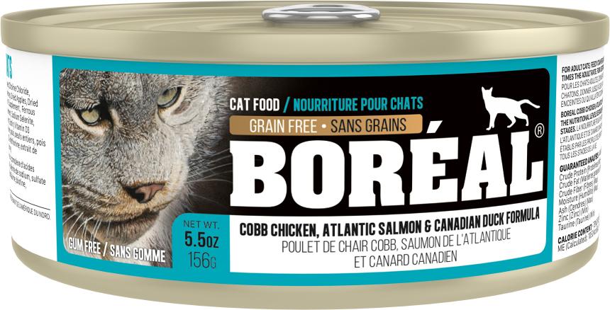 Br9423 - Nourriture en boîte en sauce pour chats sans grain au poulet, saumon et canard - Boréal