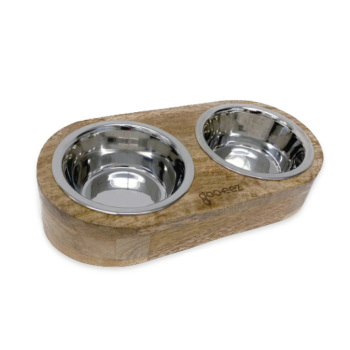 Bol double incliné avec base en bois de manguier pour animaux - Goo-eez
