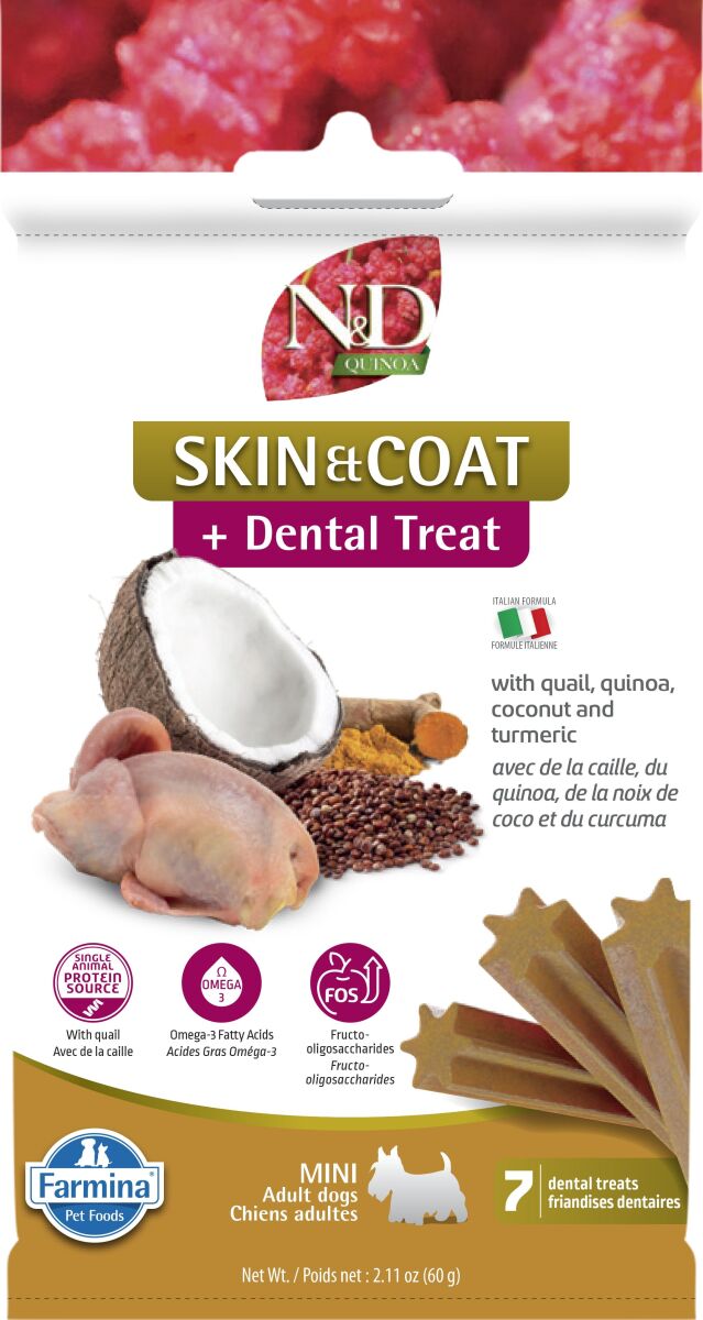Fa5066 - Bâtonnets dentaires peau et pelage à la caille et au quinoa - Farmina