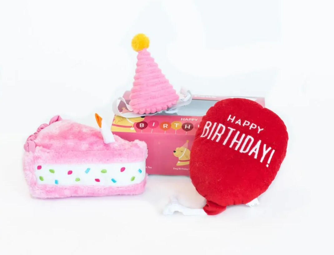 Y01932 - Ensemble de deux peluches et d'un chapeau de fête roses pour chiens - Zippypaws
