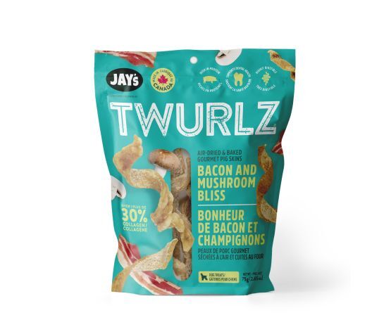 Hl836 - Gâteries Twurlz en peaux de porc séchées à l'air au bacon et champignon pour chiens - Jay's