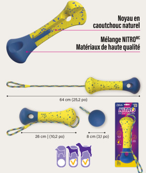 Bouée avec corde Nitro lestée et flottante avec noyaux en caoutchouc pour chiens - Zeus