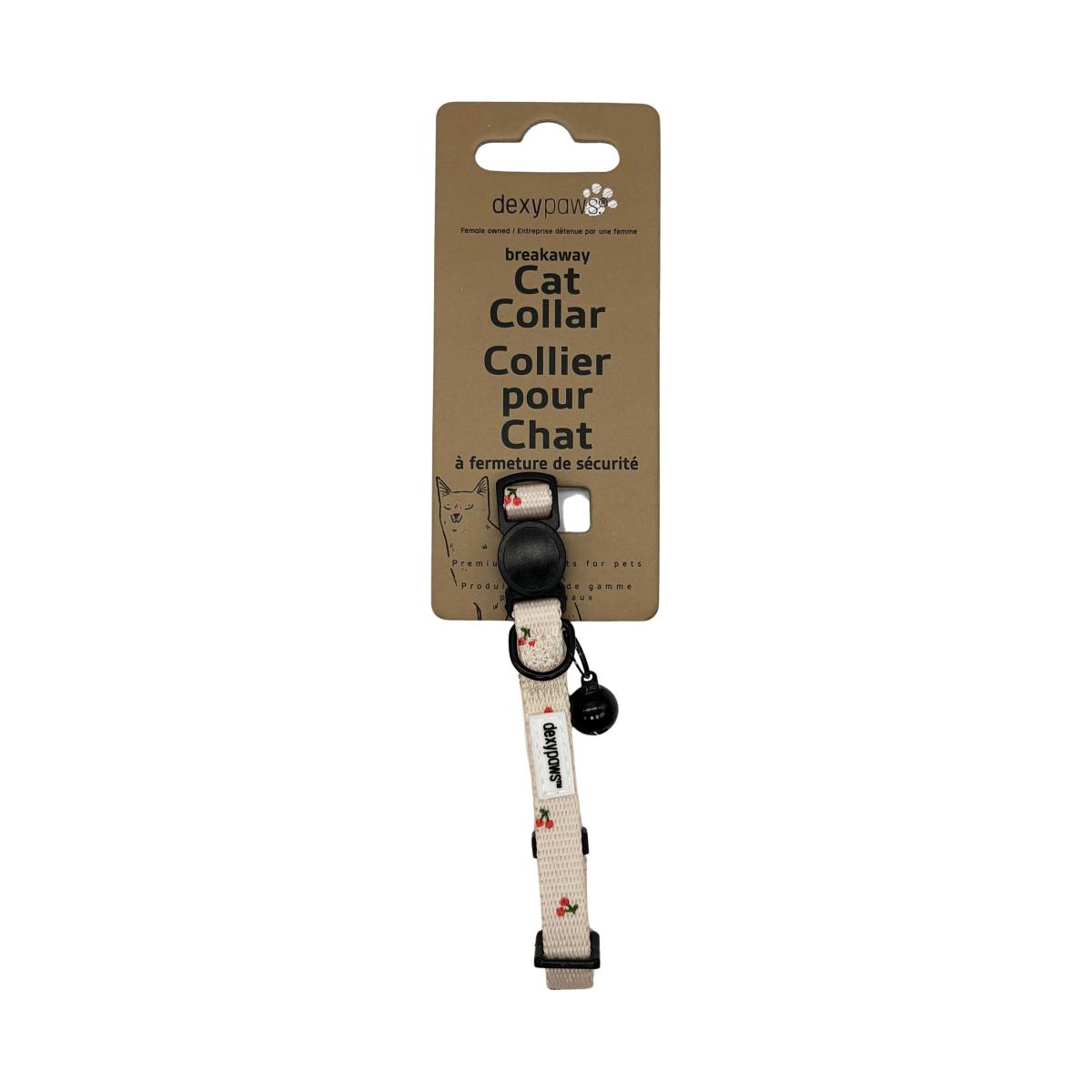 Ga40106 - Collier ajustable en polyester avec boucle de sécurité beige avec cerise pour chats - Dexypaws