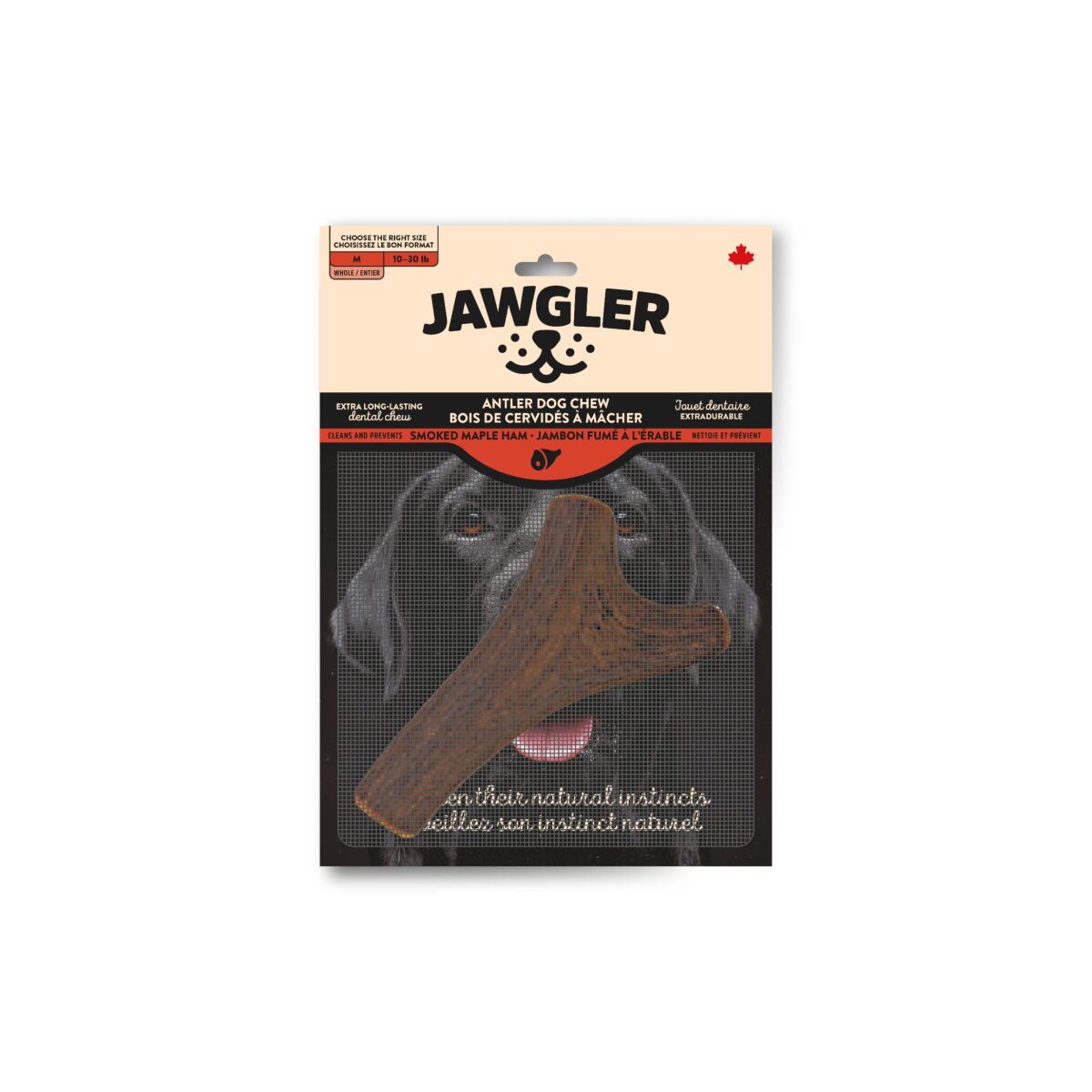 Dt16101 - Bois de cervidés entier fumé au jambon et  à l'érable pour chiens - Jawgler