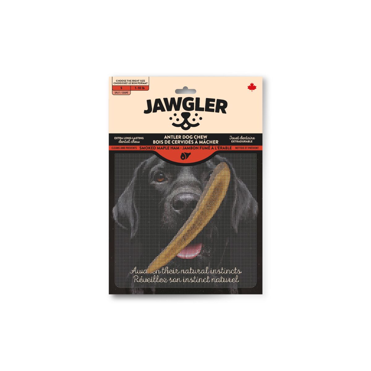 Dt16106 - Demi bois de cervidé fumé au jambon et à l'érable pour animaux - Jawgler