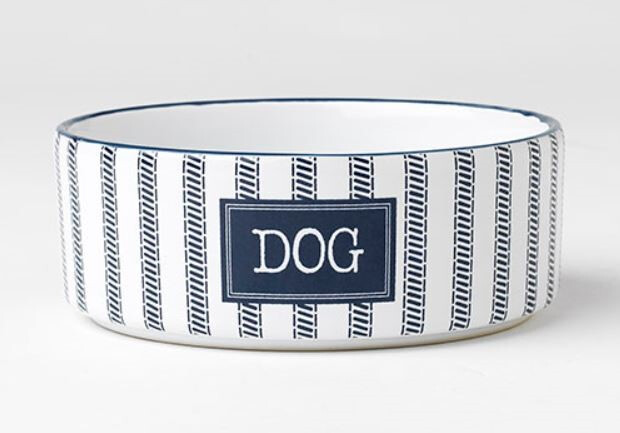 Fd01676 - Bol à Nourriture en Céramique ''Dog'' Rayé Blanc et Bleu Marin pour Chiens  - Petrageous 