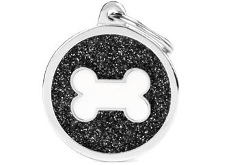 Tg1407 - Médaille pour animaux grand rond noir brillant avec os - MyFamily
