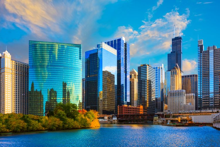 Skyscrapers of Chicago skyline at sunset,Chicago River,Ill