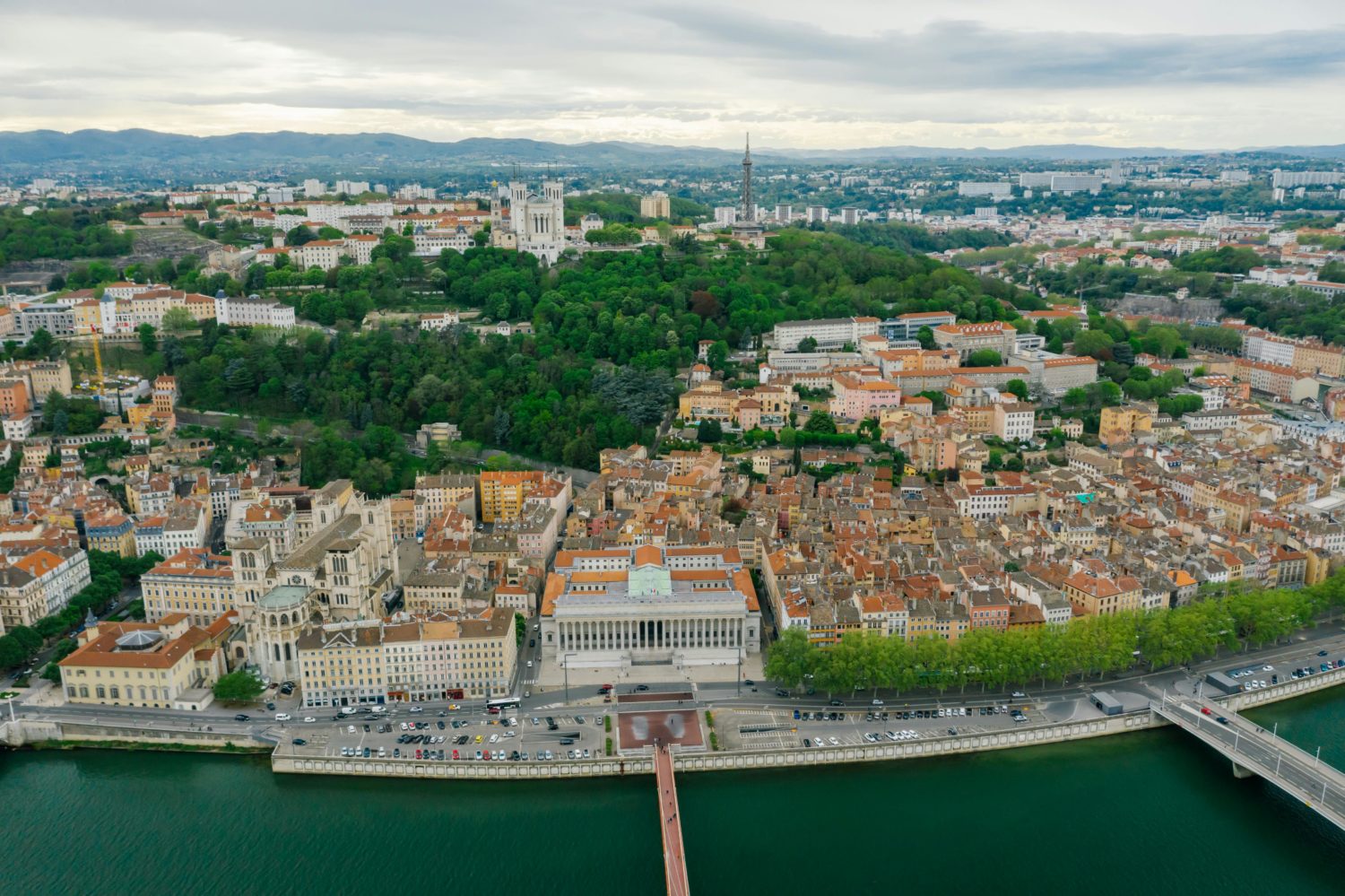 Aerial View of City Buildings and the Rhône in Lyon, France