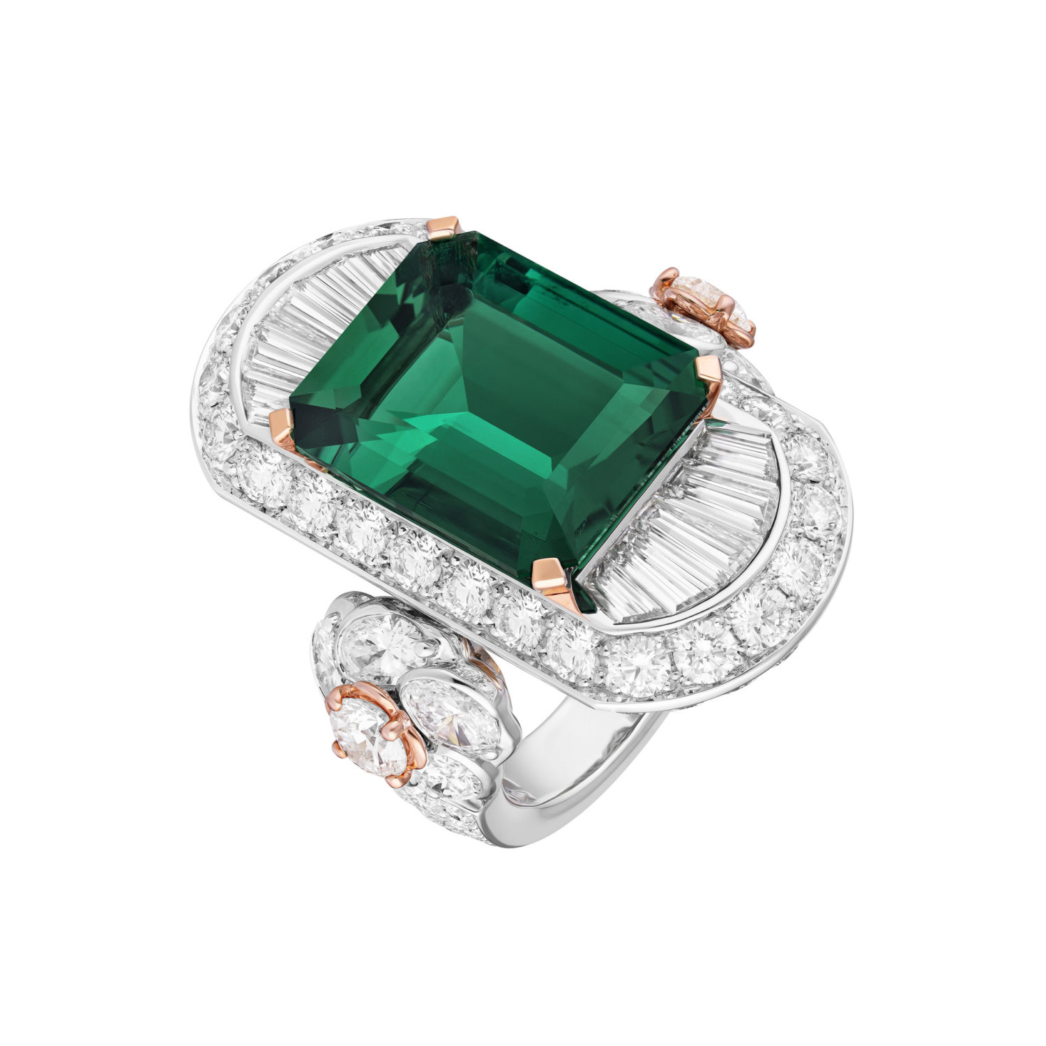 IMPRIMÉ ÉMERAUDE RING Imprimé émeraude ring in white gold, rose gold, diamonds and emerald 1 octagonal-cut emerald of 10.44 cts