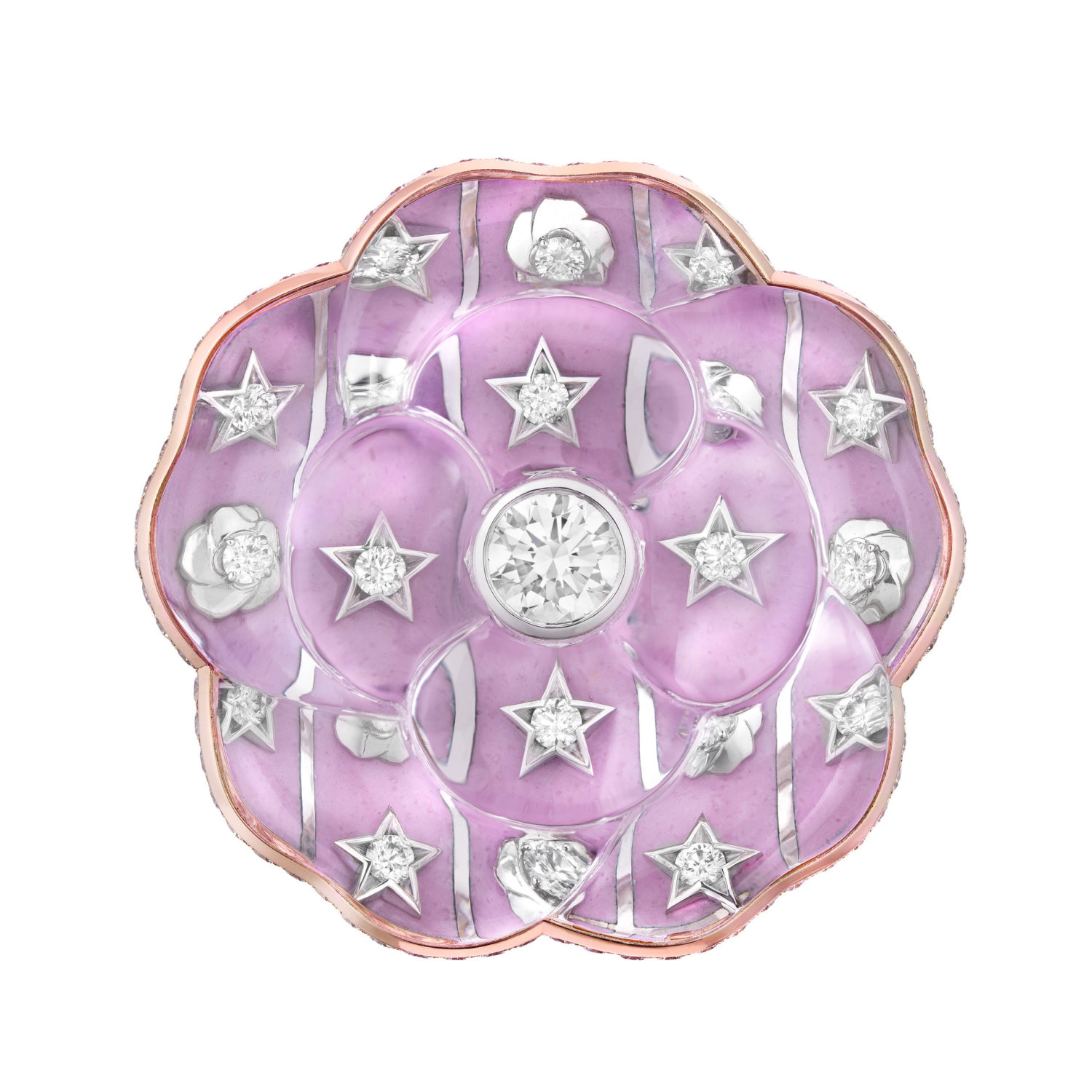 SYMBOLE CAMÉLIA ROSE BROOCH Symbole camélia rose brooch in white gold, rose gold, diamonds, rock crystal and enamel 1 round brilliant-cut E VVS2 diamond of 1.58 cts Transformable piece: The brooch can be worn as a pendant on a chain.