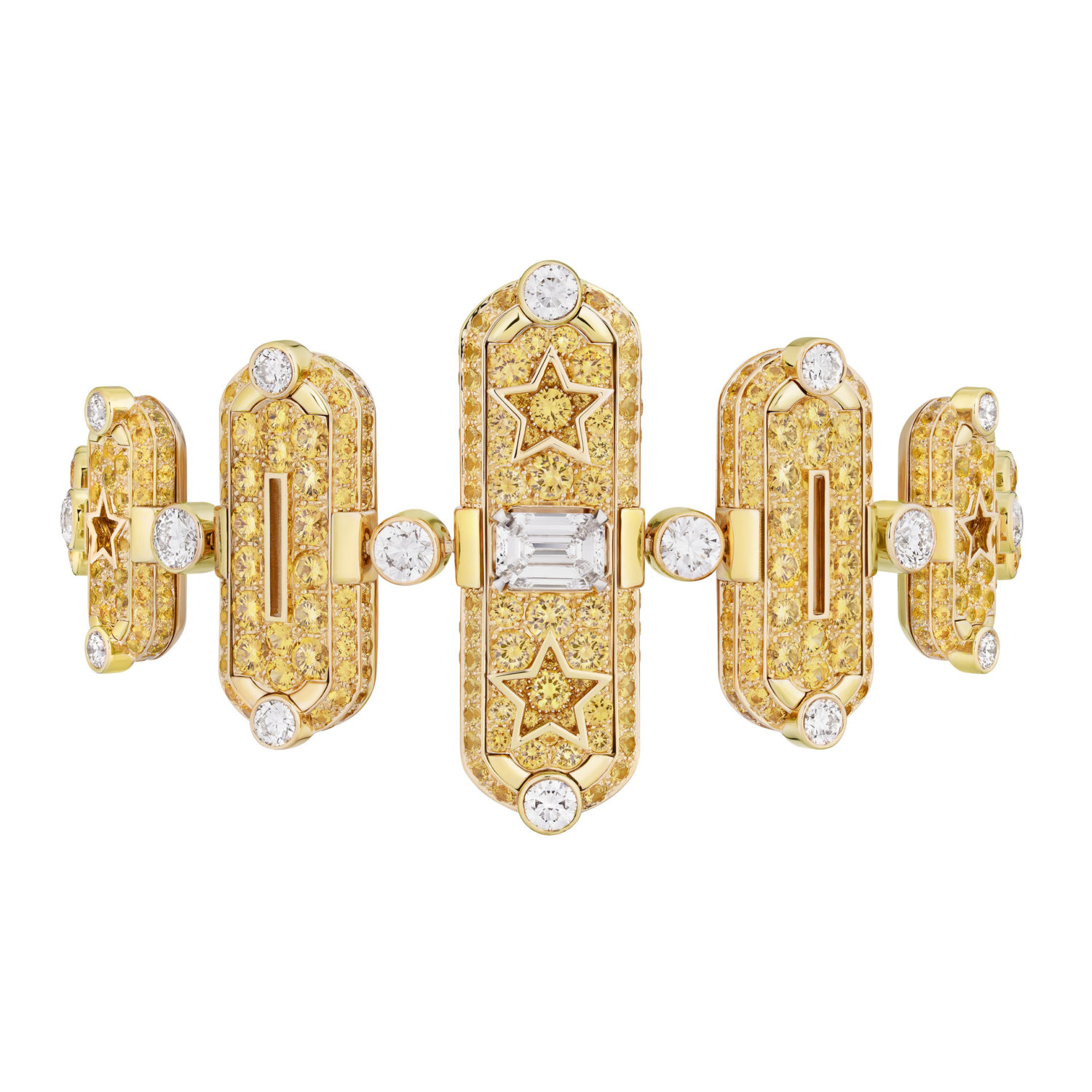 TALISMAN GRAPHIQUE BRACELET Talisman graphique bracelet in yellow gold, platinum, diamonds and yellow sapphires 1 emerald-cut F IF diamond of 1.02 cts