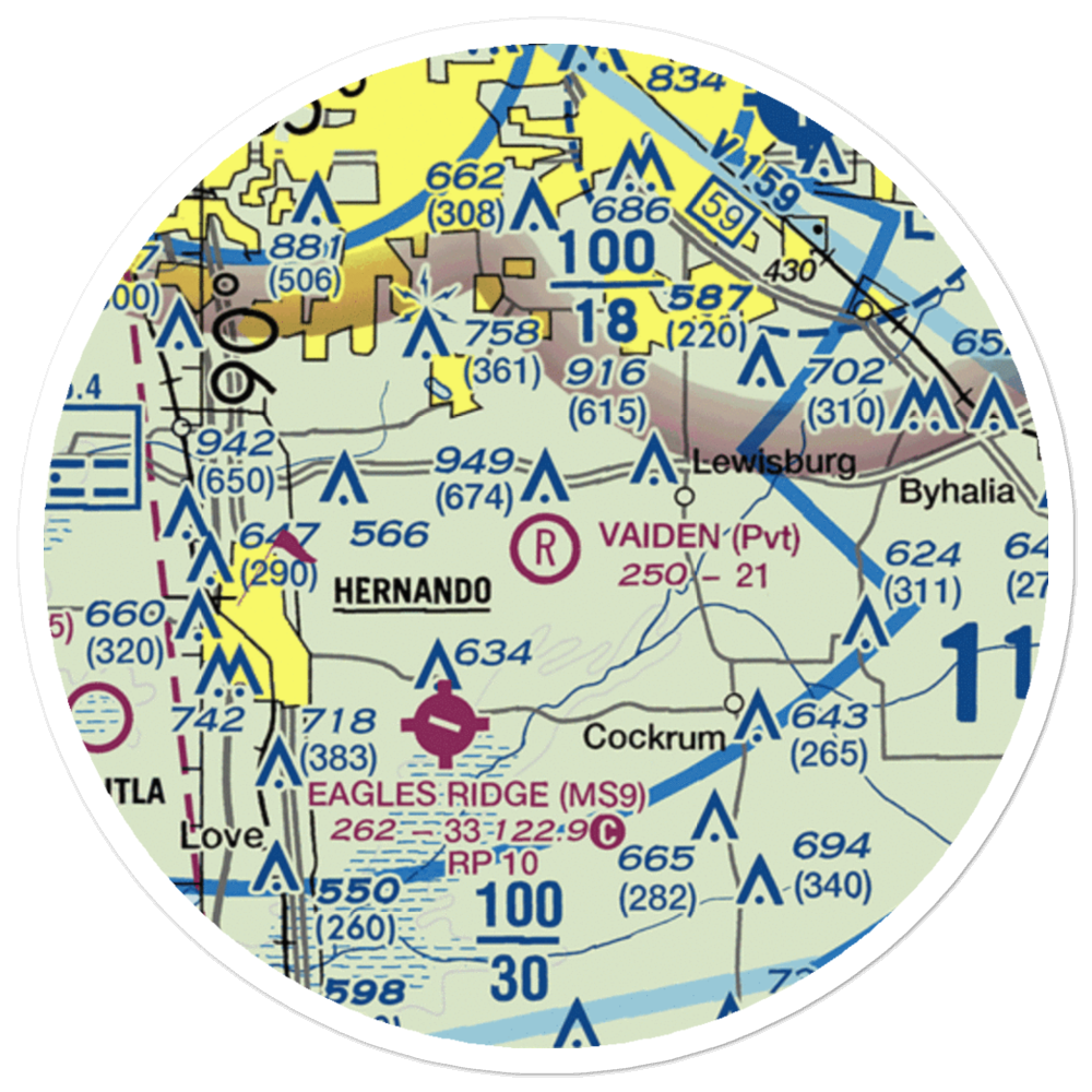 Vaiden Landing Airport (MS64) VFR Sectional Sticker (20 mile) 