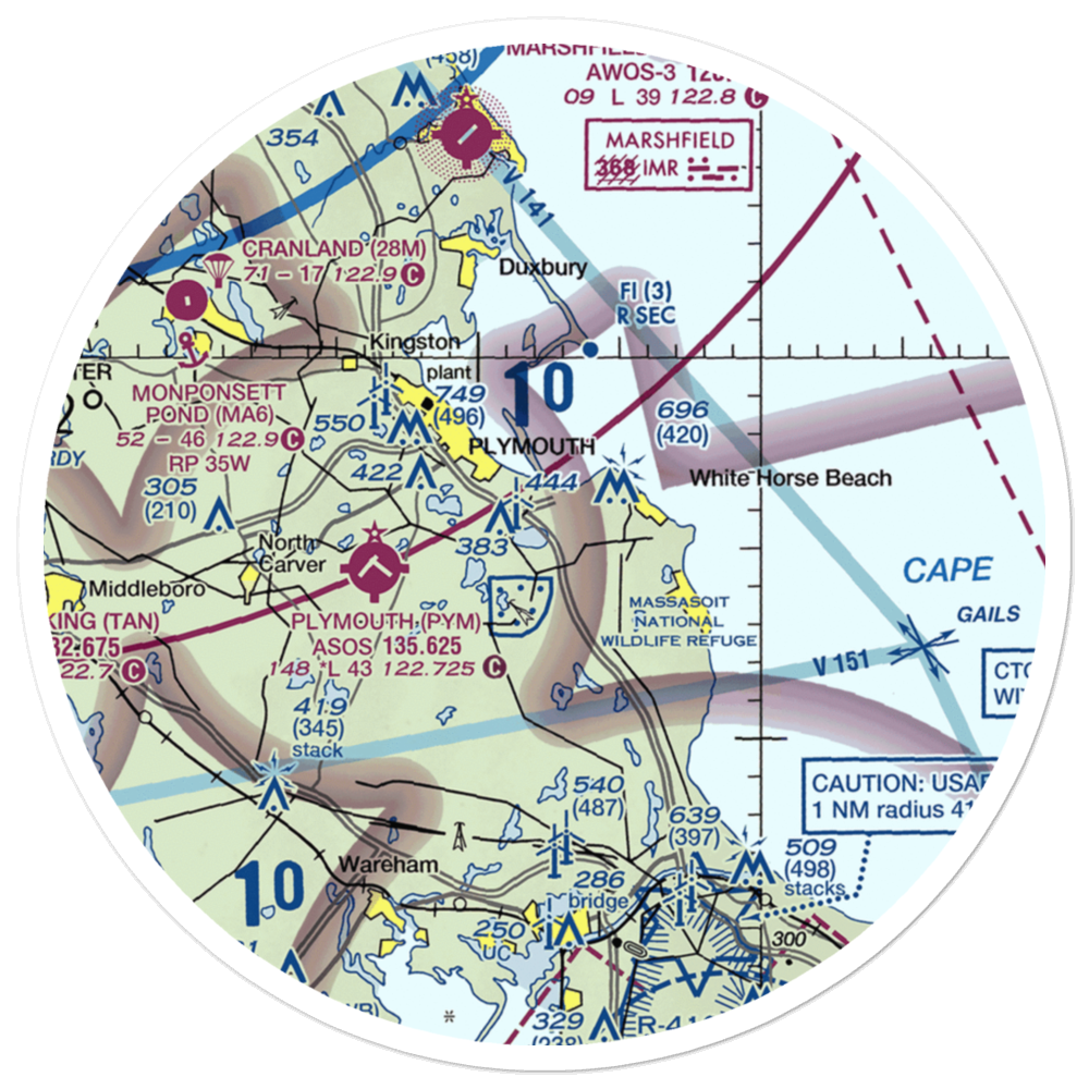 Russell Mill Pond Seaplane Base (MA78) VFR Sectional Sticker (30 mile) 
