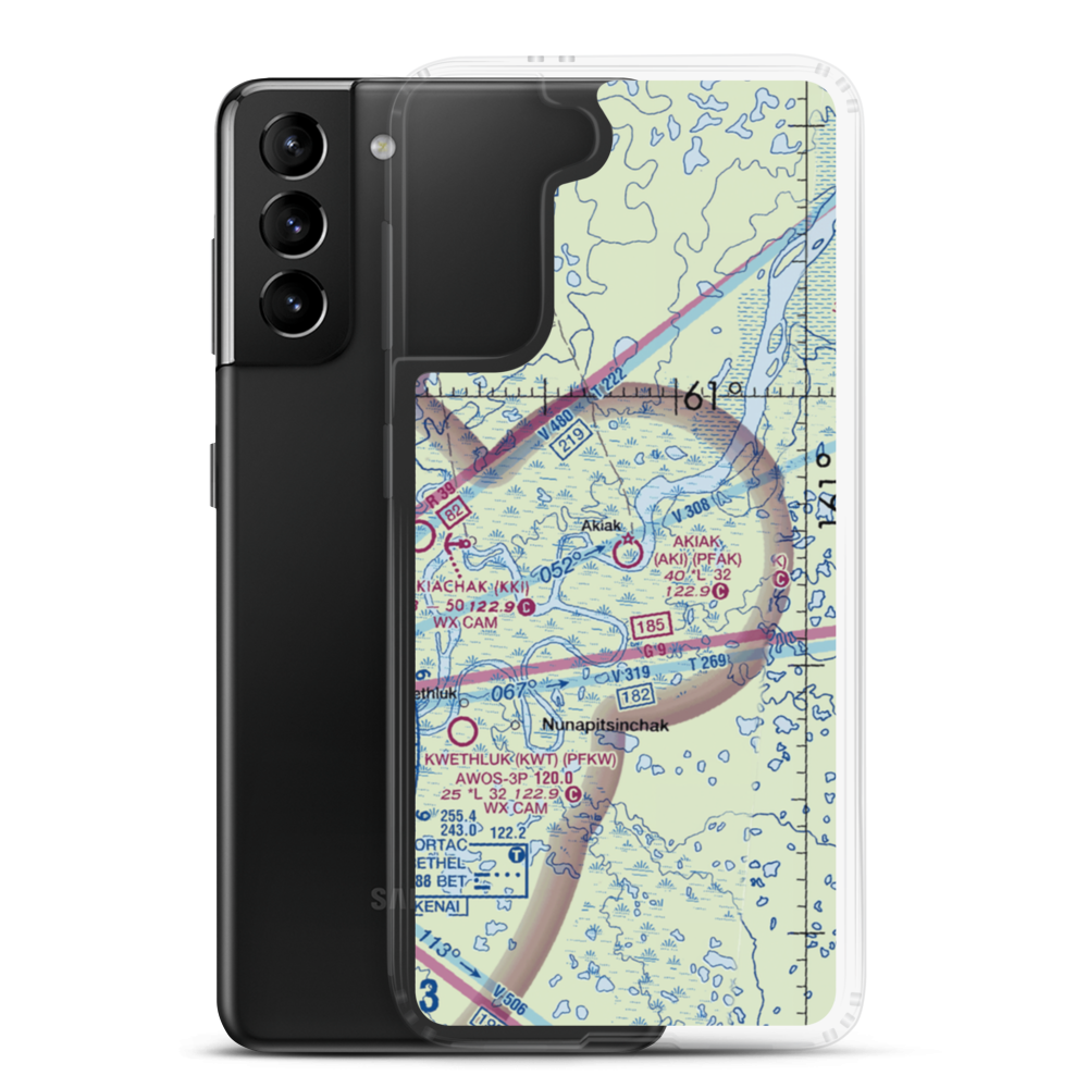 Akiak Airport (AKI) VFR Sectional Samsung Case Samsung Galaxy S21 Plus model shown